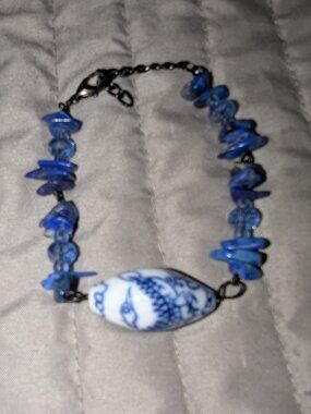 $1 with Bundle ~ Blue White Porcelain Painted Focal Bead Bracelet 6458